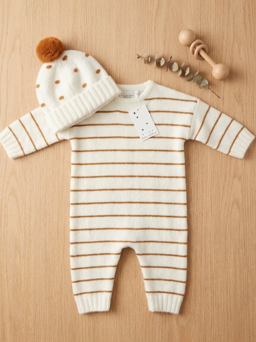 RISE Little Earthling Baby Knit Romper & Pom Pom Hat Set 6-9M NWT Cream Stripe
